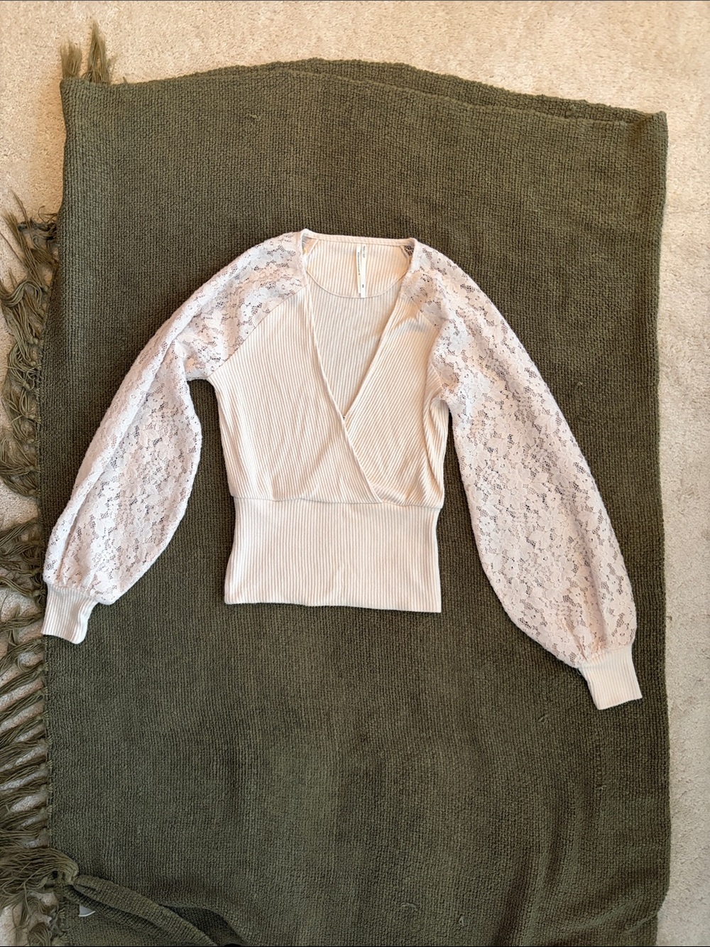 Anthropologie Cream Lace-Sleeve Wrap Ribbed Top